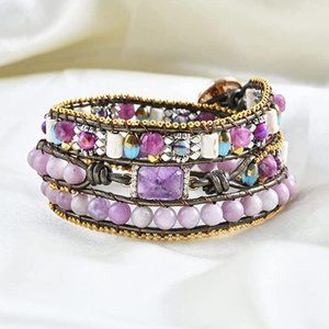 Handmade Wrap Bracelet Turquoise, Jasper & Amazonite Natural Stones Leather